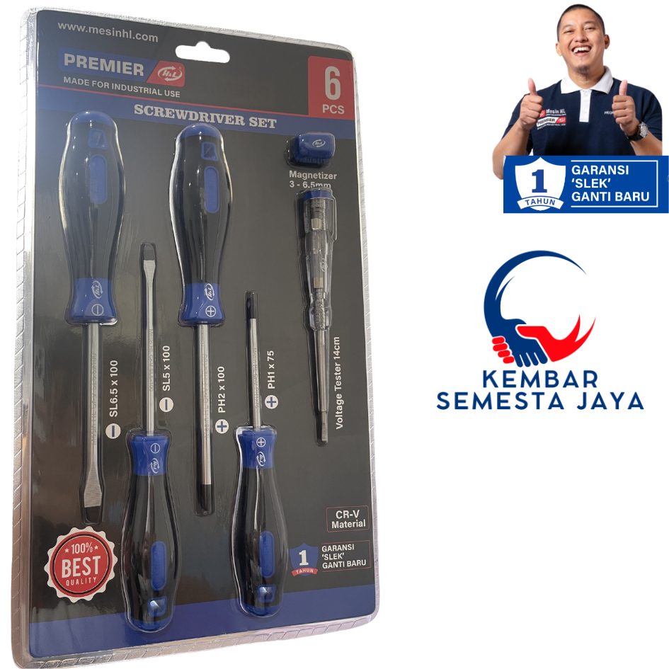 HNL HL H&L PREMIER Obeng Magnet Set 6 Pcs Lengkap 6 IN 1 Screwdriver Plus Phillips + Minus Slotted -