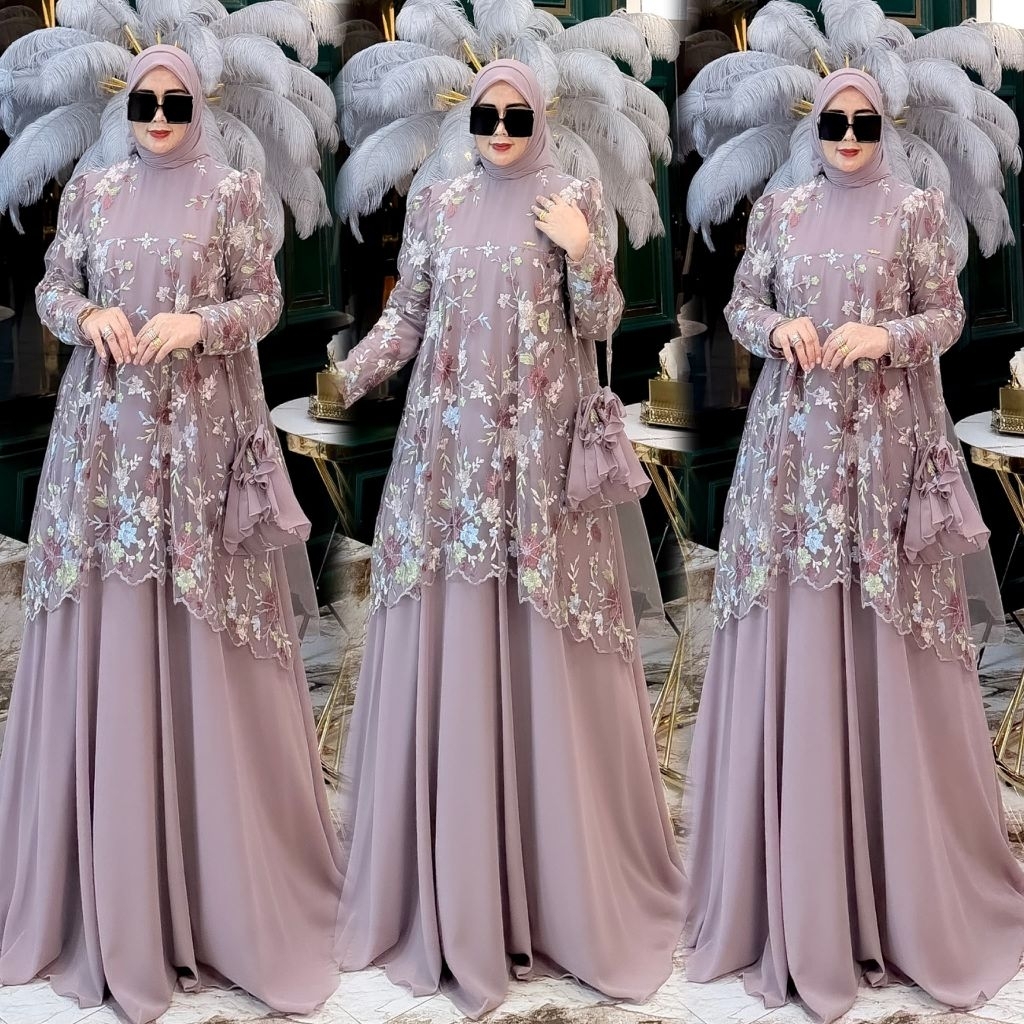READY almera raya sesi 3 by aldisa / gamis brukat syari / gamis brukat lilac ungu taro
