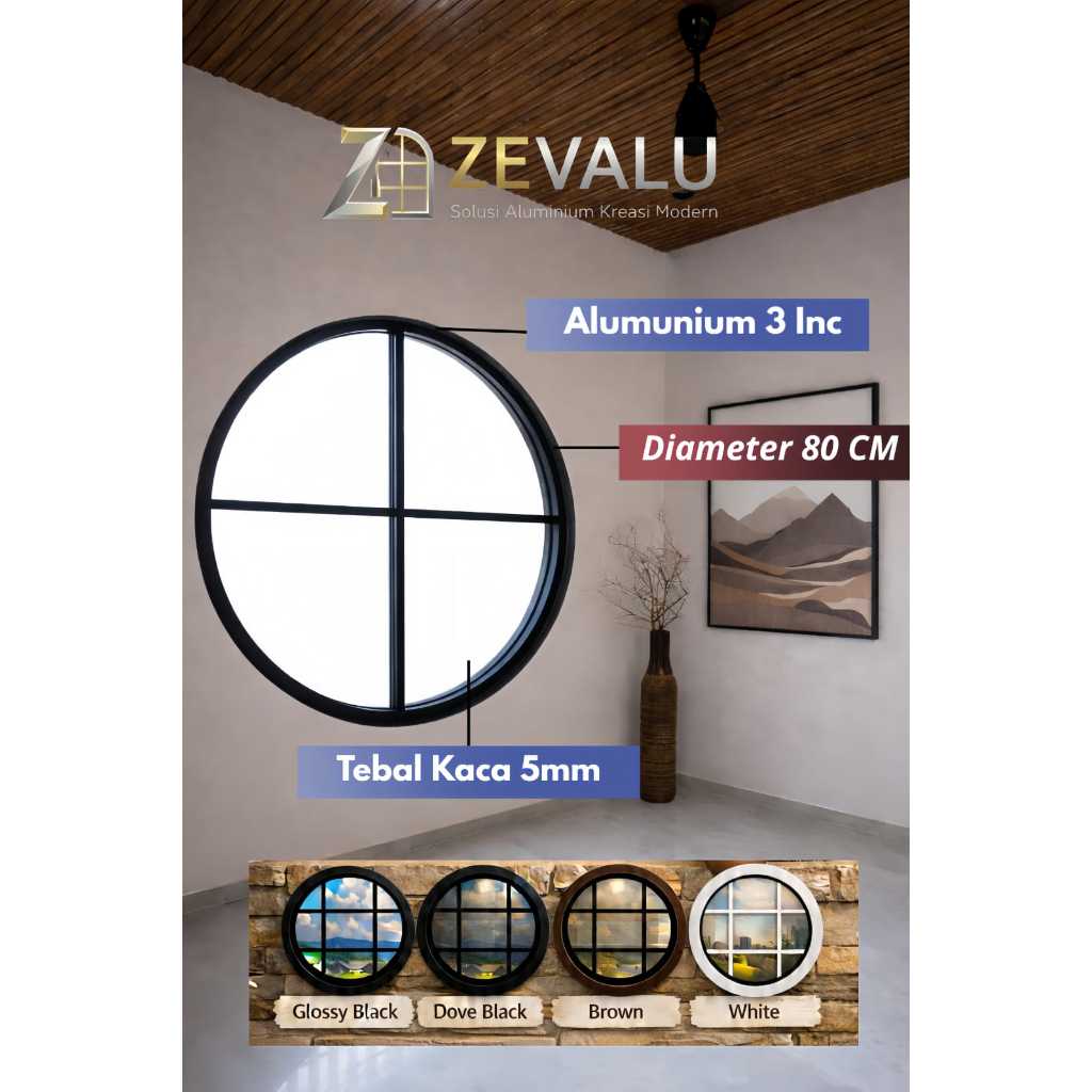 Jendela Bulat Aluminium Diameter 80 cm Kaca Mati + Ornamen 2 | FREE PACKING KAYU  & GRATIS ONGKIR