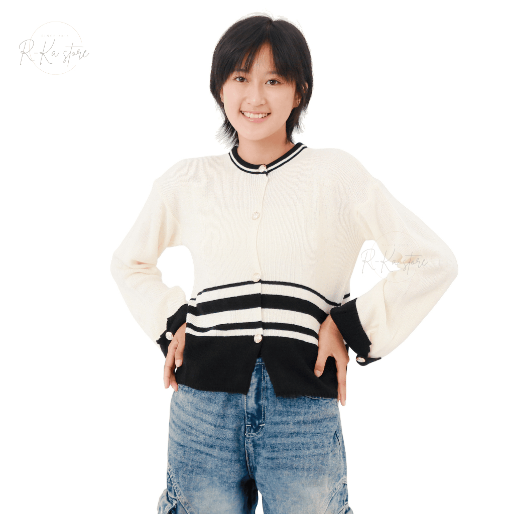 R-KA - Sweater Rajut Crop Wanita Motif Stripe | Rajut Tebal Oversize | Atasan Wanita | Cardigan Hita