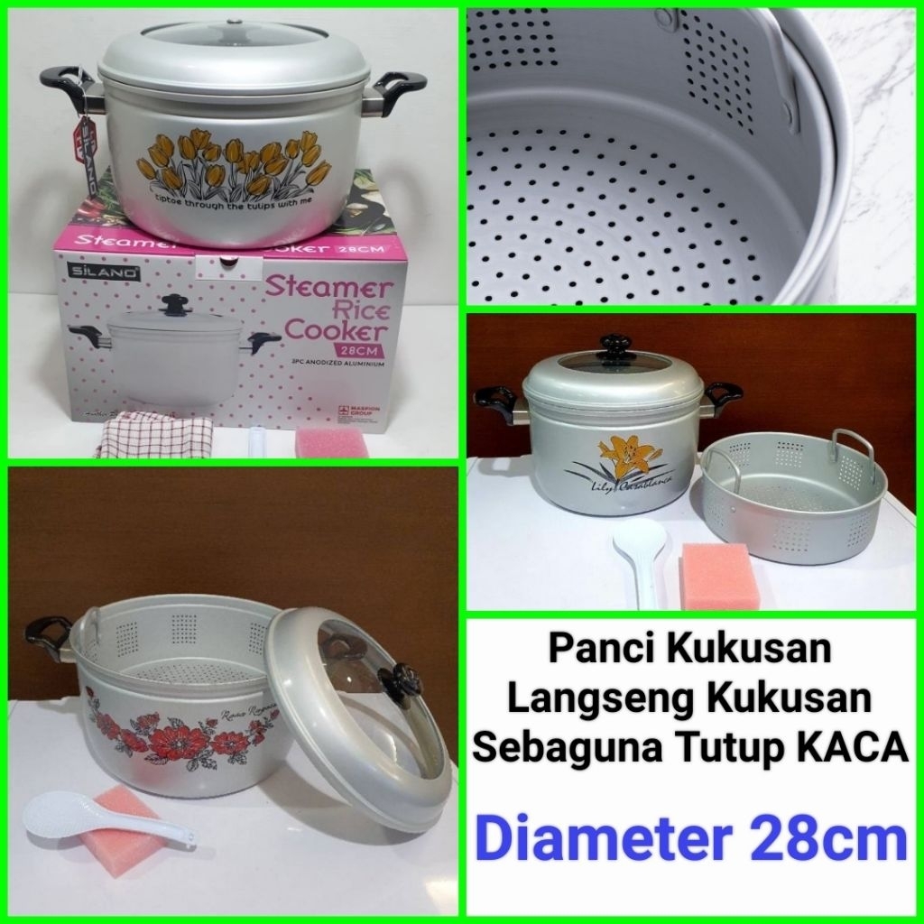 panci kukusan langseng kukusan alumunium panci serbaguna tutup kaca MASPION 28cm
