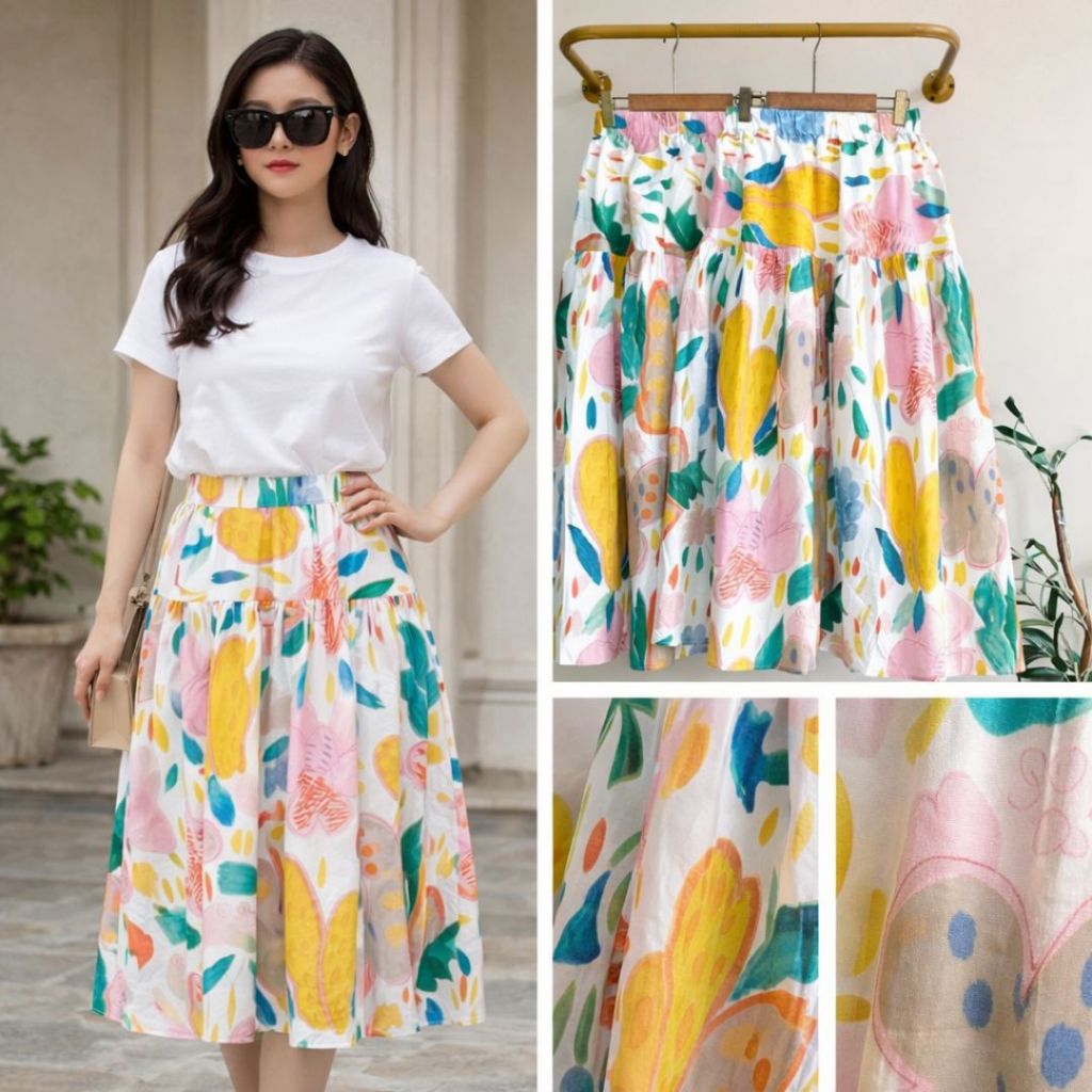 Rok Wanita Katun Premium Import Oversize Print Floral Korean Style High Waist Casual Elegant Adem