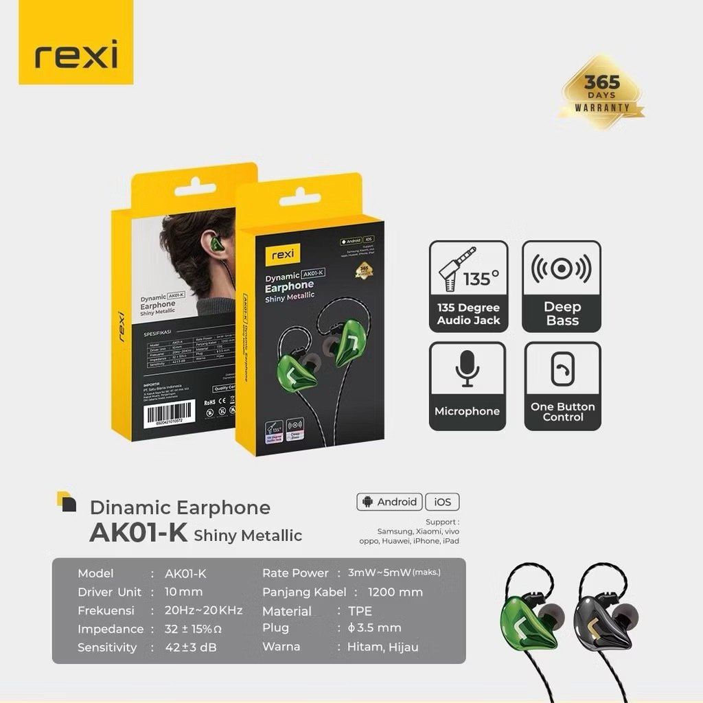 Rexi AK01-K Headset Sport Series Deep Bass , Earphone Sport Bass AK01k