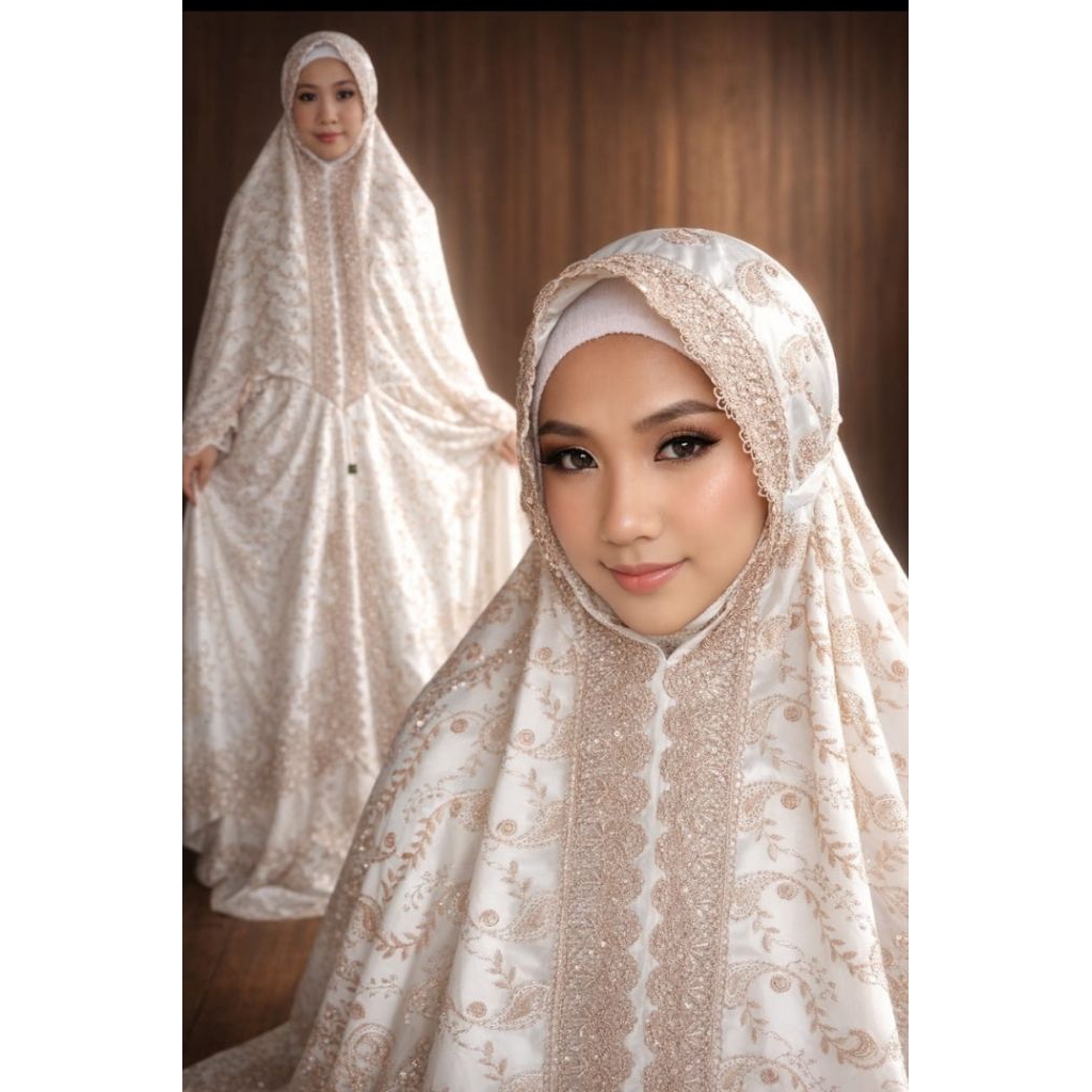 Mukena SUTRA JEPANG ORI renda PRADA terusan lajuran dewasa  putih cantik ELEGAN