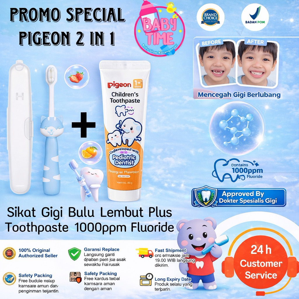 Paket Sikat Pasta Gigi Pigeon Bayi dan Sikat Gigi Willow Soft Bulu Lembut 2in1 1000ppm Flouride