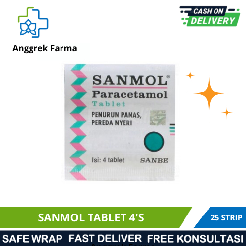SANMOL TABLET/OBAT DEMAM/PENURUN DEMAM/PANAS/OBAT NYERI KEPALA/DEWASA/4 TABLET/25 STRIP