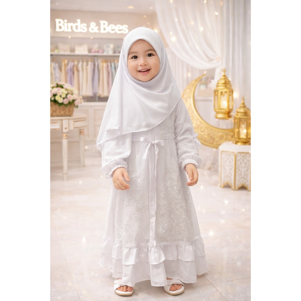 Birds and Bees Spesial Lebaran Baju Gamis Anak Perempuan Kombinasi Brokat Putih