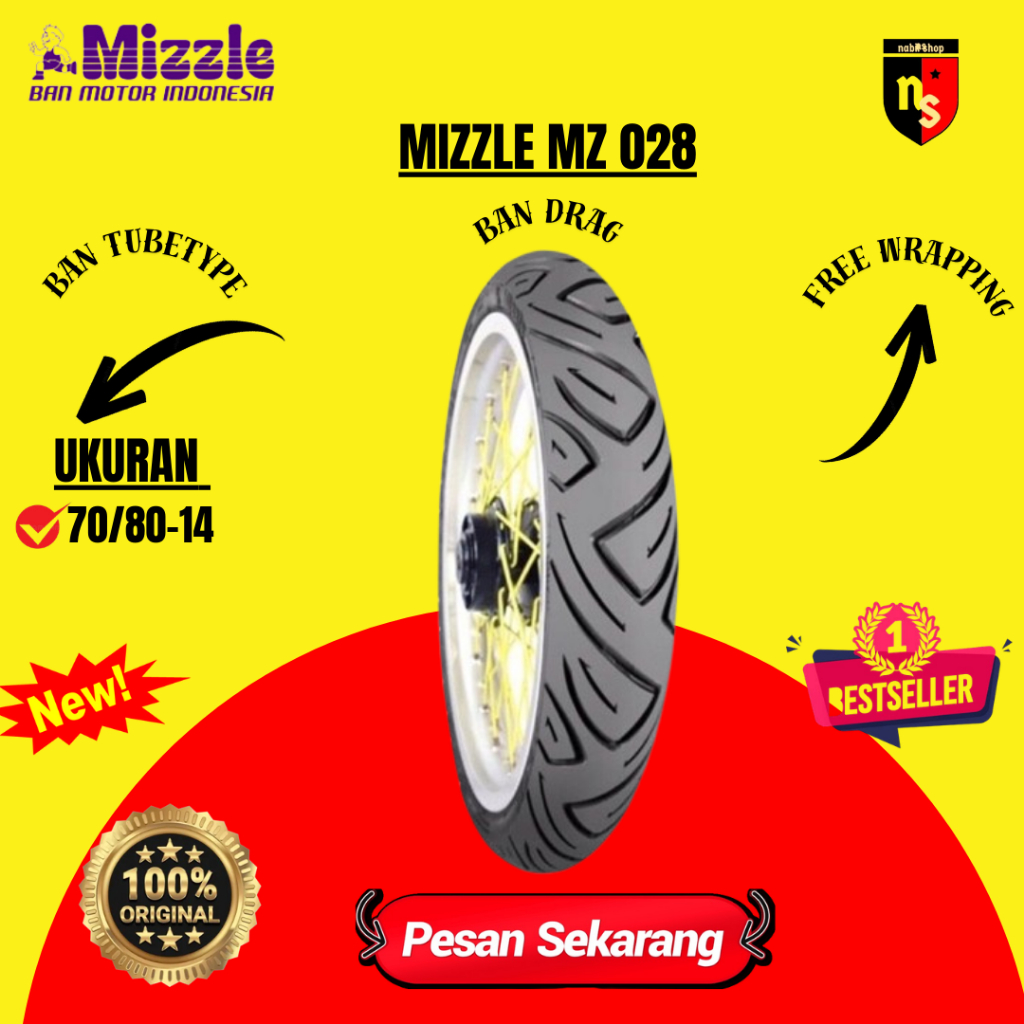 MIZZLE BAN DRAG UKURAN 70/80-14 RING 14 BAN CACING TUBETYPE NONTUBELESS MZ028