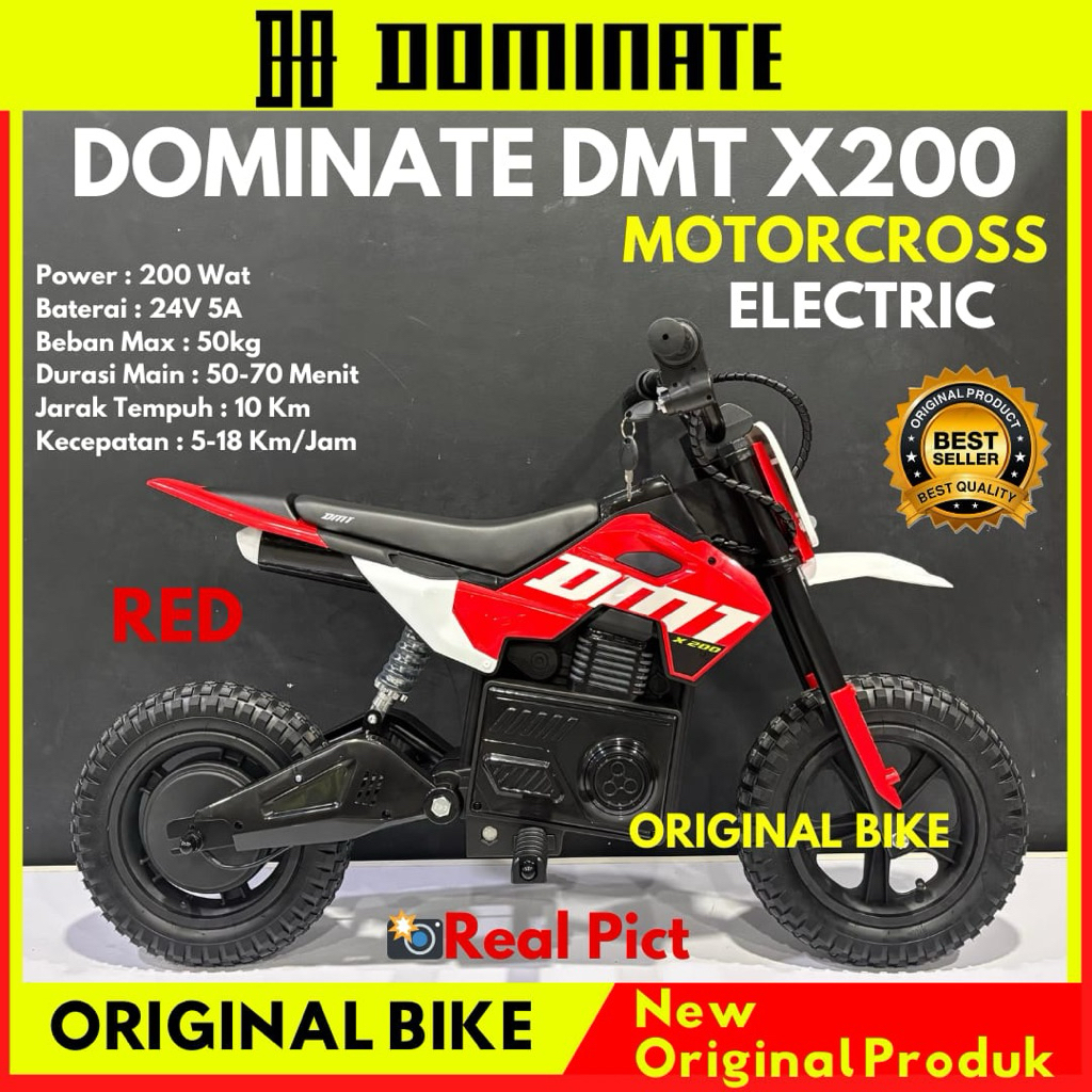 Motor Electric Mini Trail Anak DOMINATE DMT X200 Ukuran 12 Inc Gas Listrik Cross Minimotor Motorcros