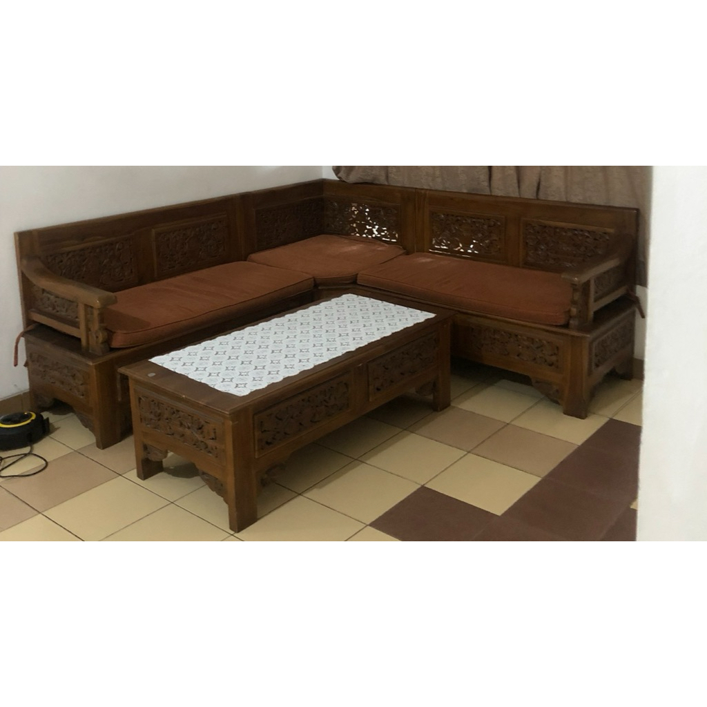 kursi kayu jati asli letter L + meja | set kursi tamu klasik elegan