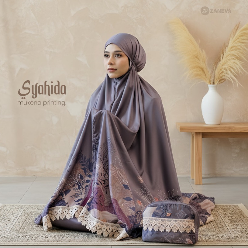 ZANEVA Mukena Printing Syahida Mocha Brown – Mukena Armani Silk Premium Motif Natural + Lace Exclusi