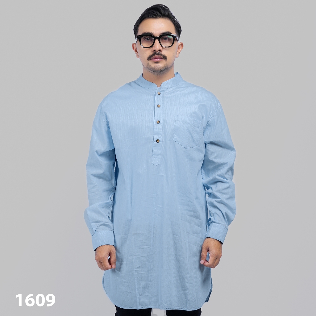 PAKAJI Baju Koko Pria Polos Lengan Panjang Katun Cigarette Premium Biru Langit Koko Kurta 1609