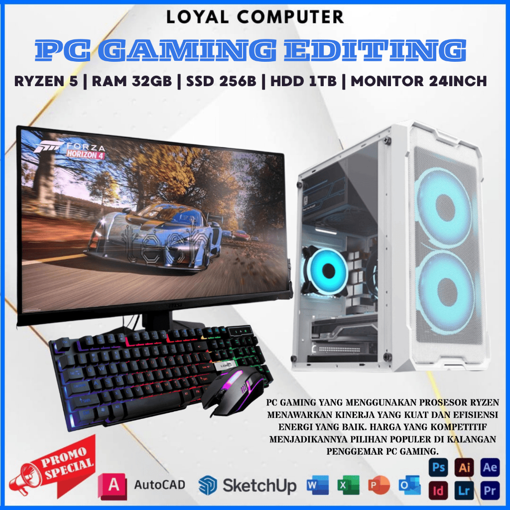 PC Gaming Fullset 24 Inch AMD Ryzen 5 5600G RAM 32gb SSD 256gb HDD 1TB Wi Fi