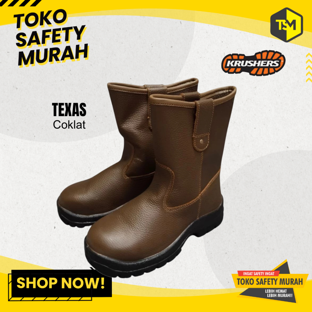 KRUSHERS TEXAS Sepatu Safety Kulit Asli – Steel Toe Cap, Sol PU Anti Slip, Size 37–44