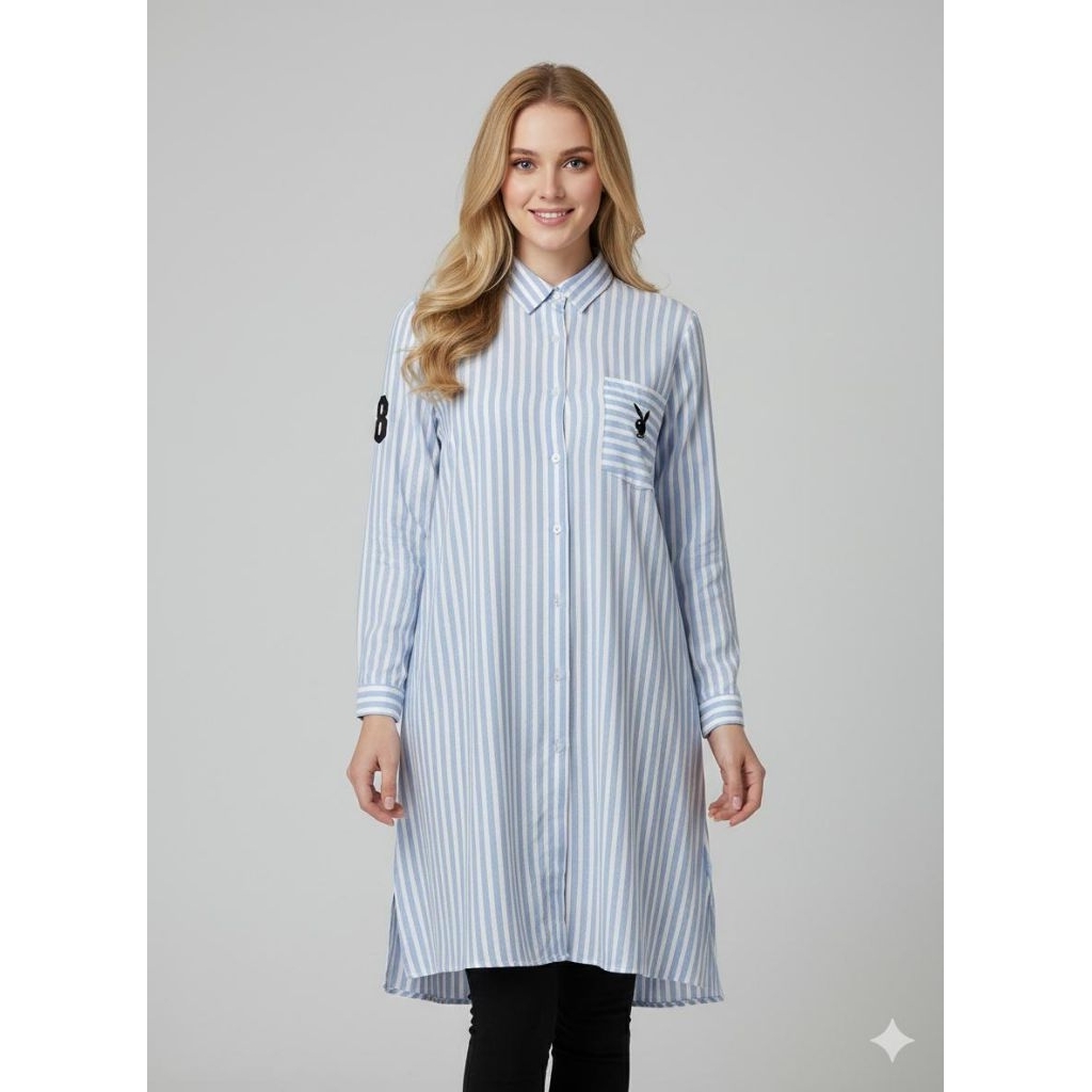Yumna AtasanTunik Wanita Motif Salur Lucu Korean Look Atasan Formal Cantik Katun Wanita Panjang Over