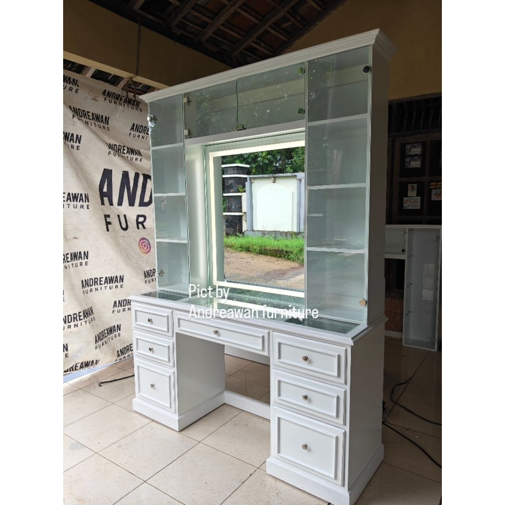 Meja Rias Lampu Dan Lemari Laci Minimalis Cat Duco Putih - Meja Rias