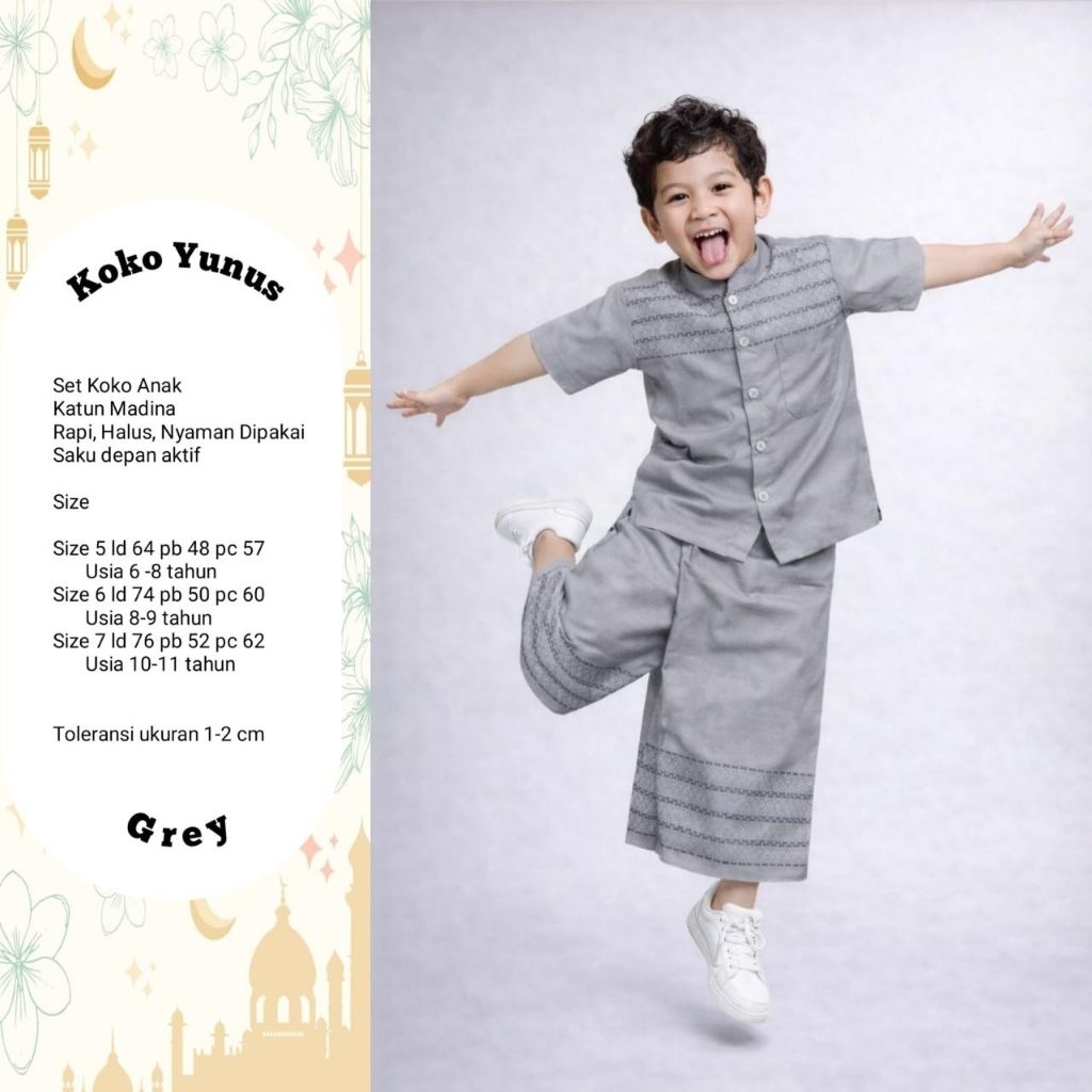 YUNUS SET KOKO ANAK MOTIF - Baju Setelan Kids Kemeja Koko Pendek & Sarung Celana Bahan Katun Medina 