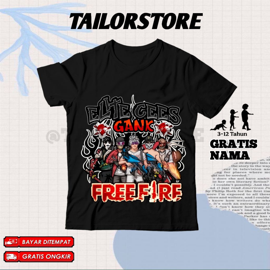 (BISA COD) Kaos Anak Motif Free Fireee Anti Kroco Gank / Baju Anak Atasan Karakter FF Free F Event B