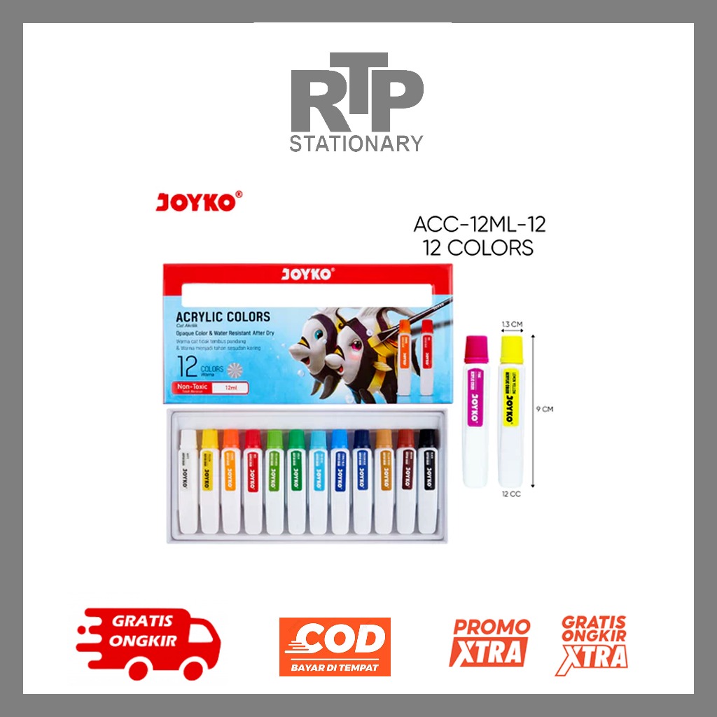 Cat Akrilik Joyko ACC-12ML 12 Warna - Warna Cerah, Kaya Pigmen, Tahan Air