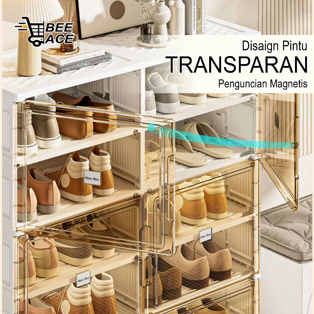 BEEACE Lemari Sepatu 8/16 Box Rak Sepatu Lipat Rak Plastik Transparan  Rak Sepatu Tertutup