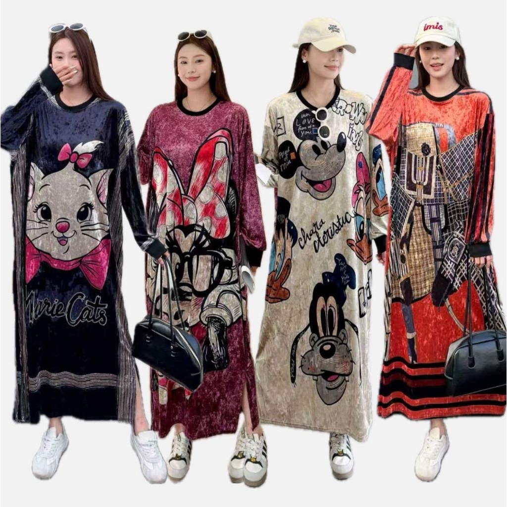 Long Dress Velvet bludru oversize lengan panjang Motif