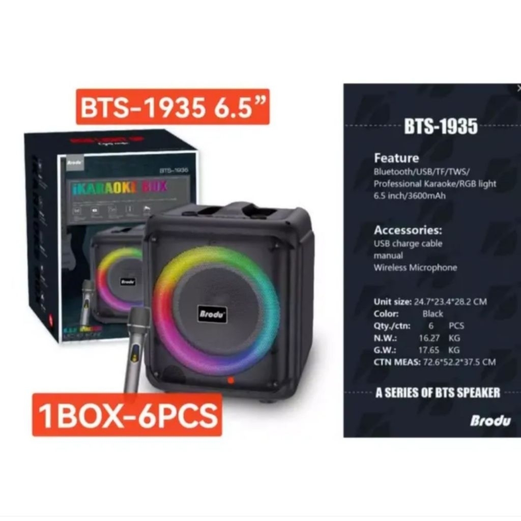 Speaker Brodu BTS-1935 6.5 inch karaoke Speaker with Wireless Microphone Box Speaker RGB Light Suppo