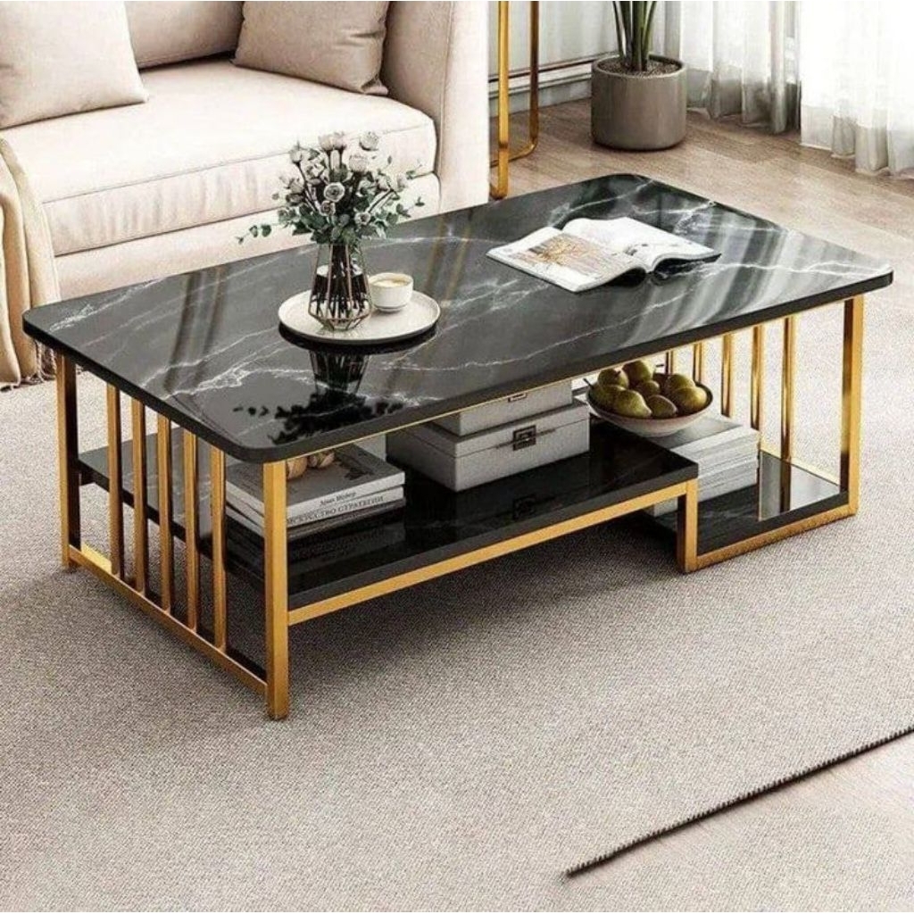 MEJA KOPI / MEJA TAMU TOP MARMER HITAM NERO MARQUINA KAKI BESI