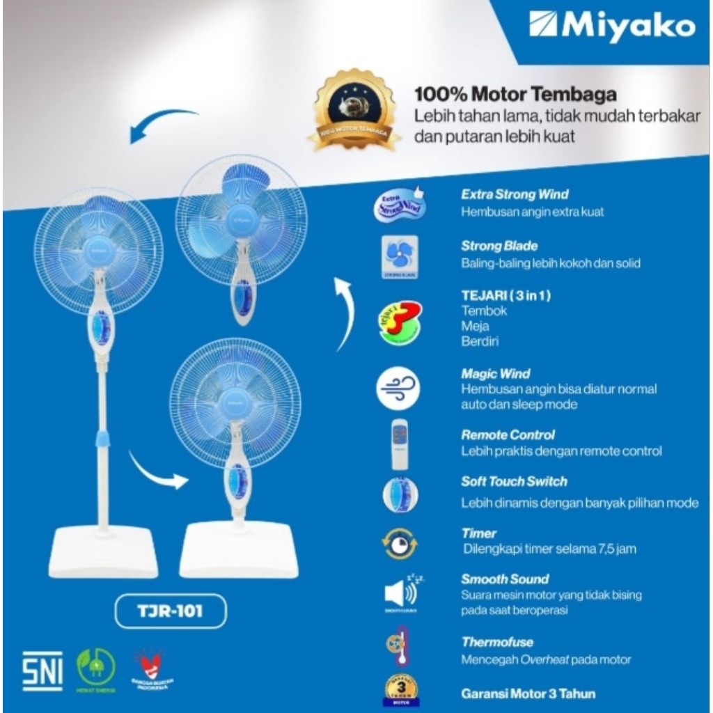 MIYAKO Kipas Angin Berdiri TJR-101 GB kipas 3in1 Berdiri,Duduk & Dinding 18" inch Pakai Remot