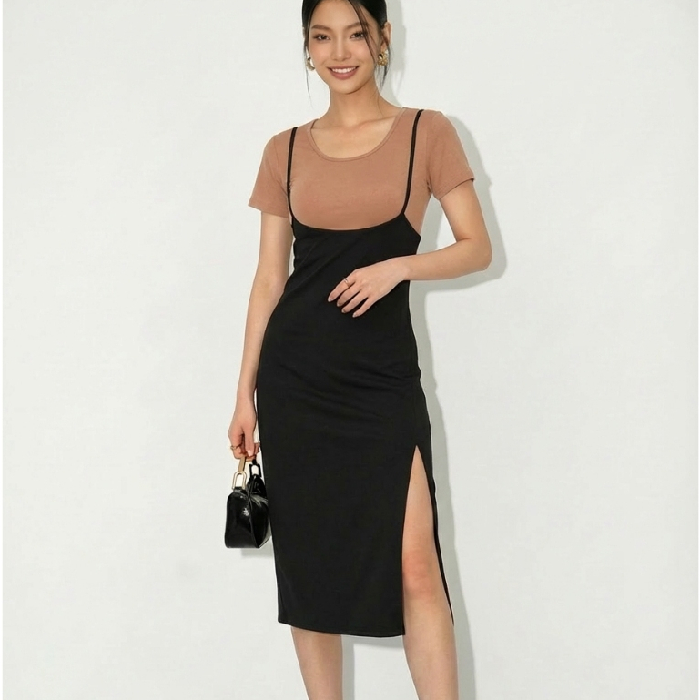 99kOUTLET One Set Atasan Cropped U Neck Lengan Pendek + Bodycon Midi Dress Spaghetti Strap With Side