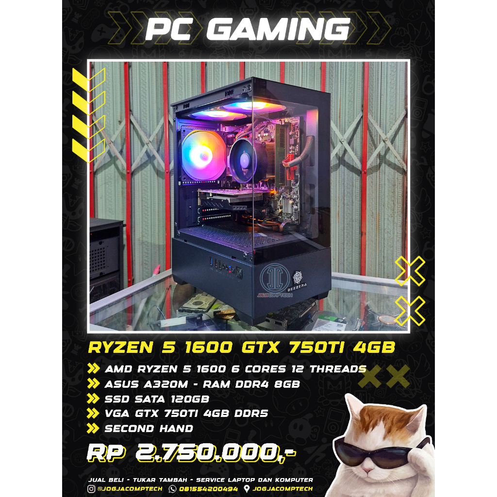 PC Gaming Editing AMD Ryzen 5 1600 6 cores 12 threads 3.60GHZ ram ddr4 8gb SSD 120gb VGA GTX 750TI 4