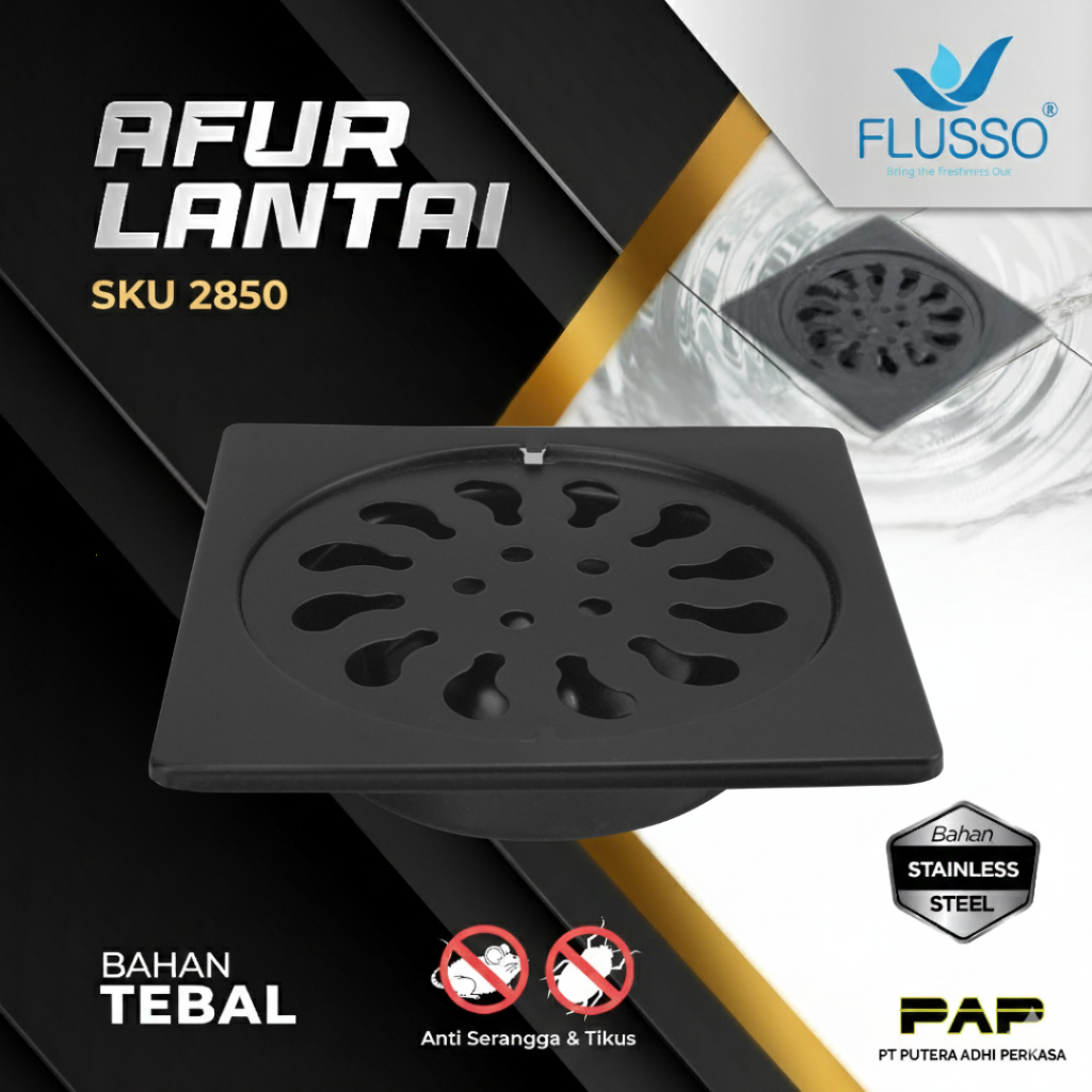 Afur Saringan Got Kamar Mandi Stainless Flusso Saringan Afur Lantai Stainless Black 2850