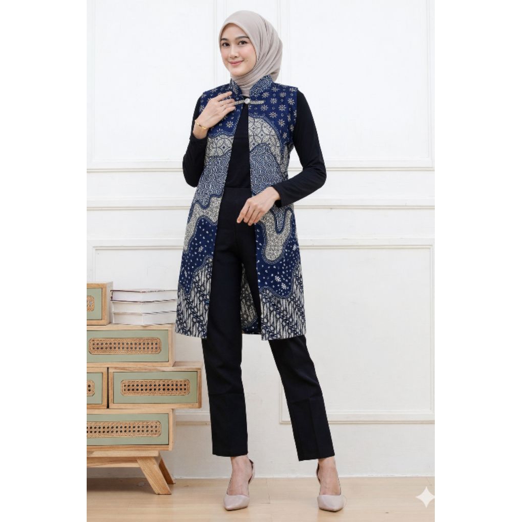 Blazer Batik Wanita Modern Atasan Outer Panjang Tanpa Lengan Bahan Karun