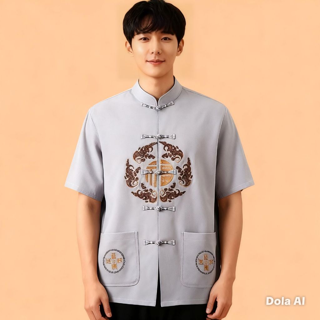Promo Edisi Imlek Baju Cheongsam Pria Lengan Pendek Qipao Kemeja Formal Tradisional China Bordir KOI