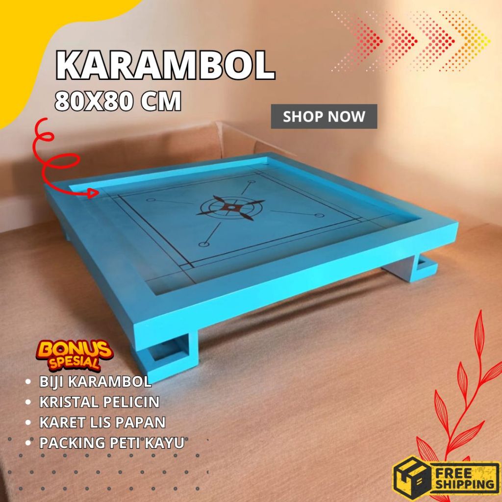Papan Permainan Meja Karambol Satu Set Lengkap Kayu Meranti Ukuran 80x80 cm warna Biru
