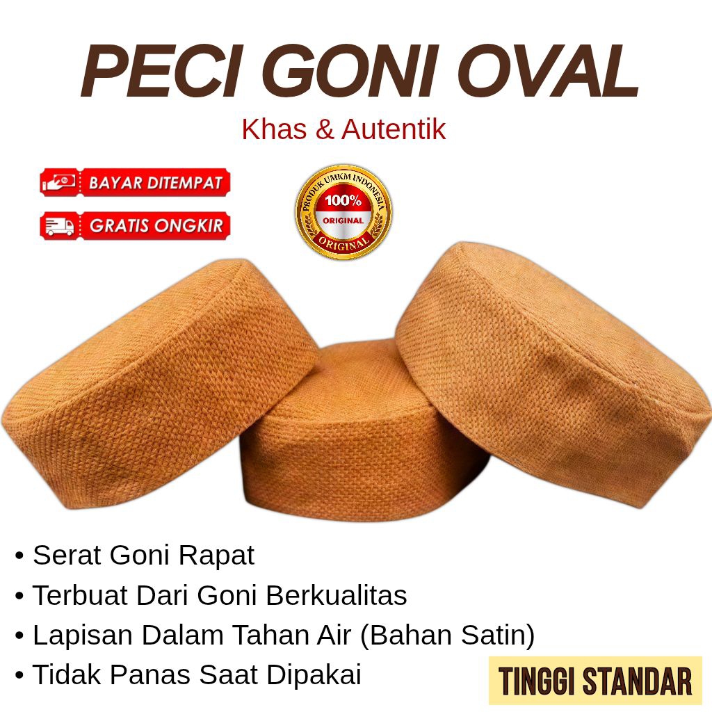 Peci Goni Oval Sederhana Warna Coklat / Kopiah Goni Lentur / Peci Goni Oval Habib Bahar / Peci Karun