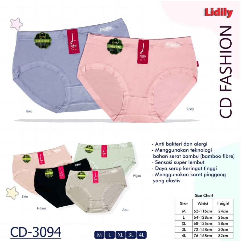 Lydyly 3088/3094  Celana Dalam Wanita Midi Bamboo Fiber M-4L