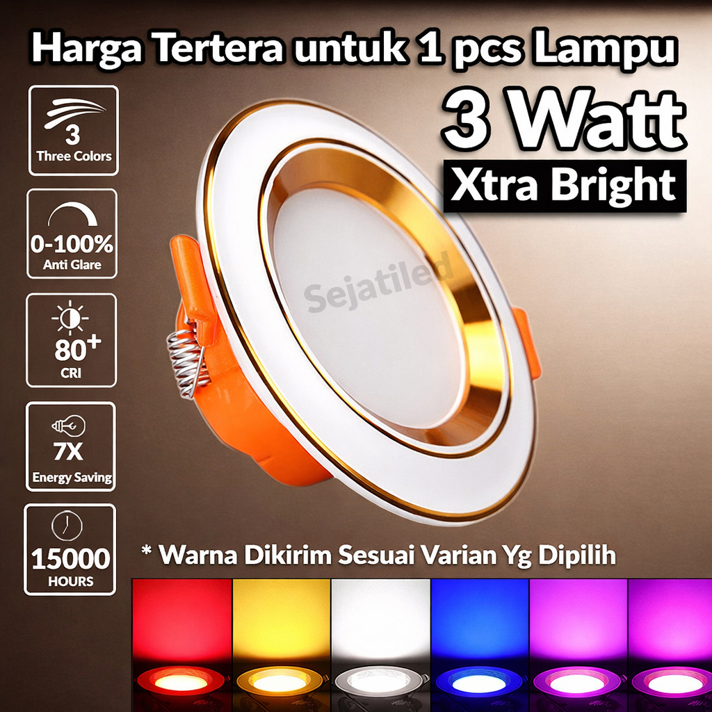 Lampu Downlight Led 3W/4W/5W Bulat 3 Warna Tanam