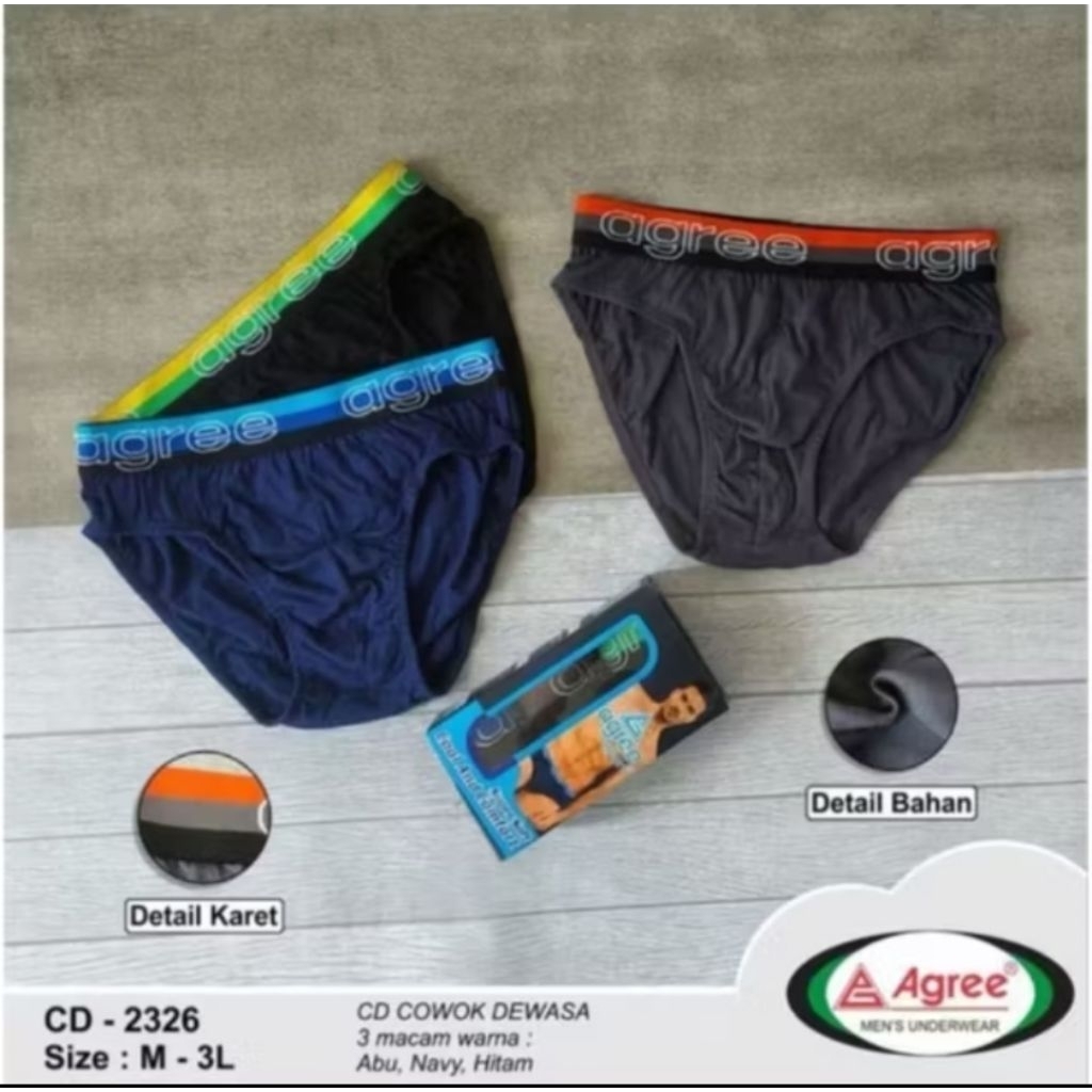 (3pcs) Celana Dalam Agree Pria CD Cowok Karet Boxer Kode : 2326 M-XXL Agree Art. 2326