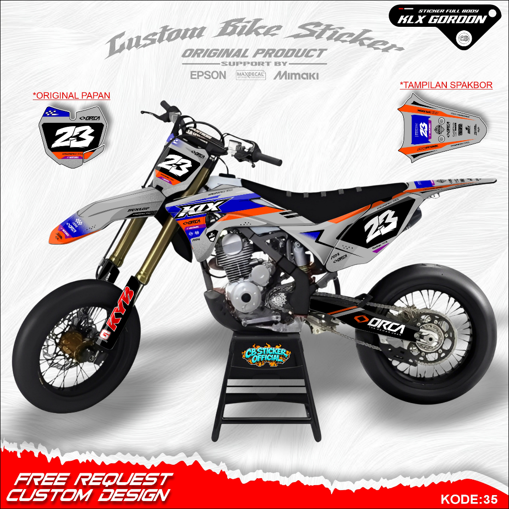 Sticker Full Body Motor KLX Gordon Terbaru & Elegan, Decal Supermoto / Trail Custom Nama atau Nomor 