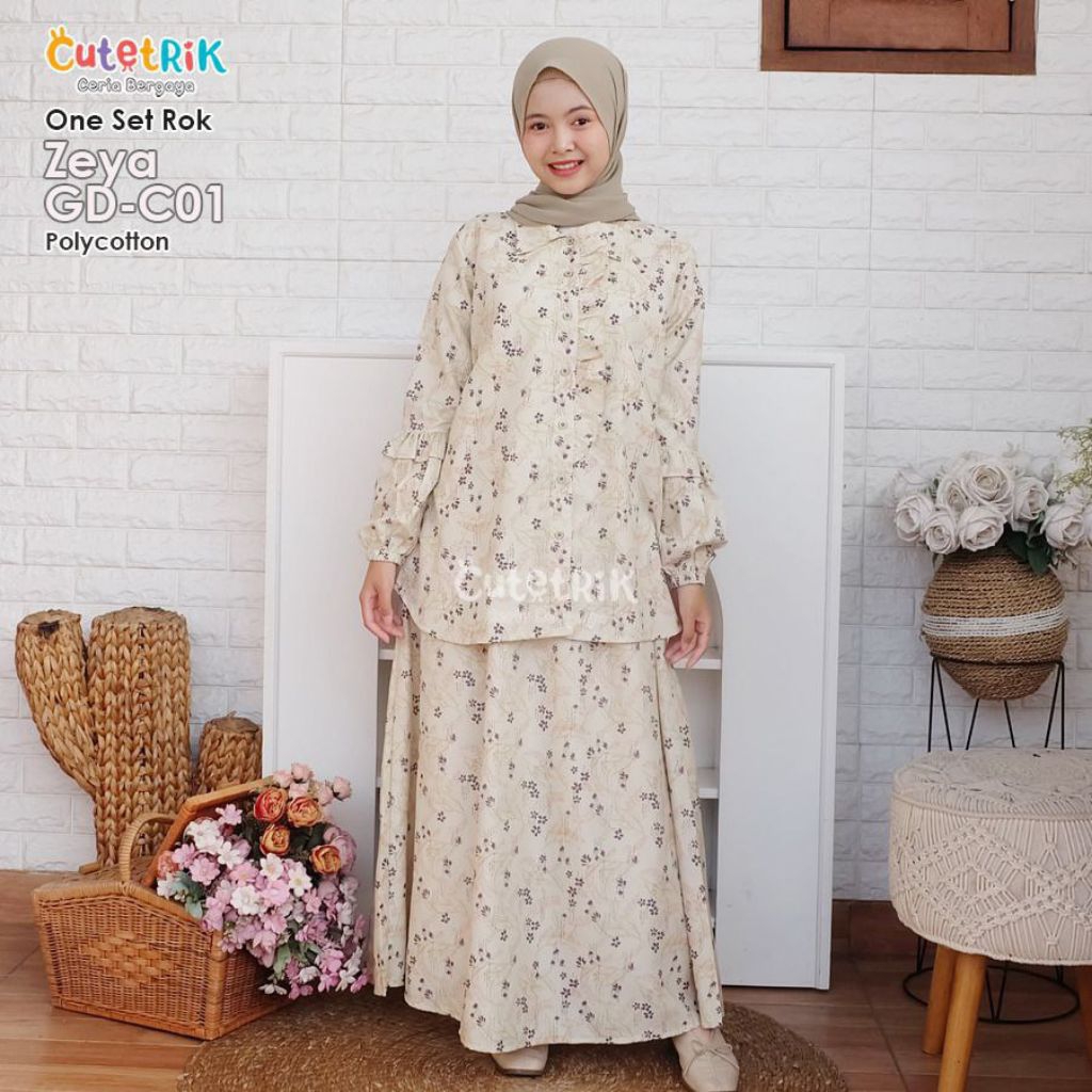 ONESET ROK+ATASAN (8-14 TAHUN) POLIKATUN CUTETRIK TERBARU SETELAN ROK ZEYA WARNA HIJAU KALEM SIMPEL 