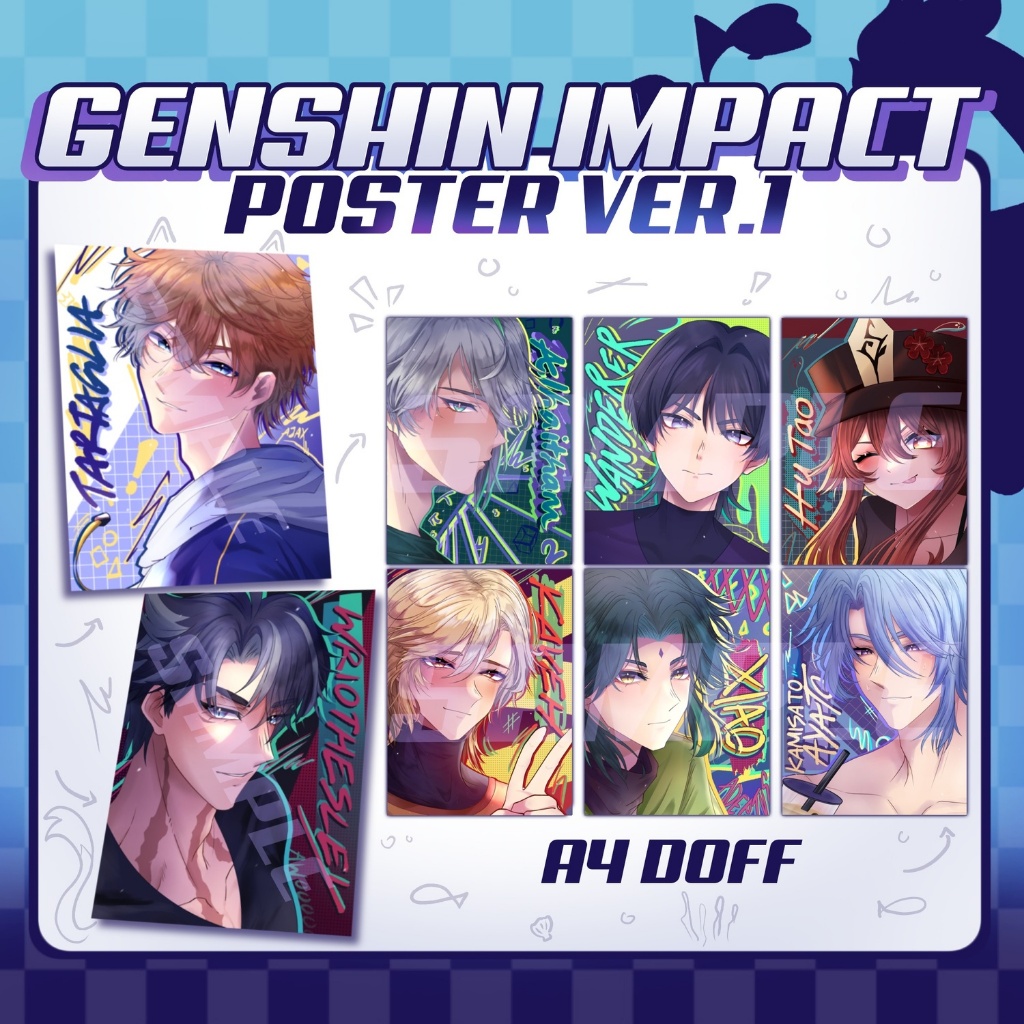 Poster Genshin Impact Fanmerch Tartaglia Wriothesley Xiao Wanderer Alhaitham Kaveh Hu Tao Ayato
