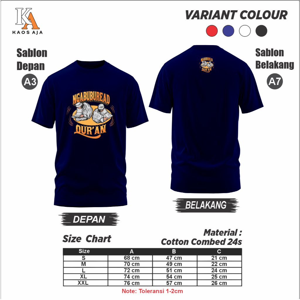 Kaos Custom Sablon Satuan 24s DTF | NGABUBUREAD QUR'AN | Bikin kaos Satuan | Premium | Kaos Murah