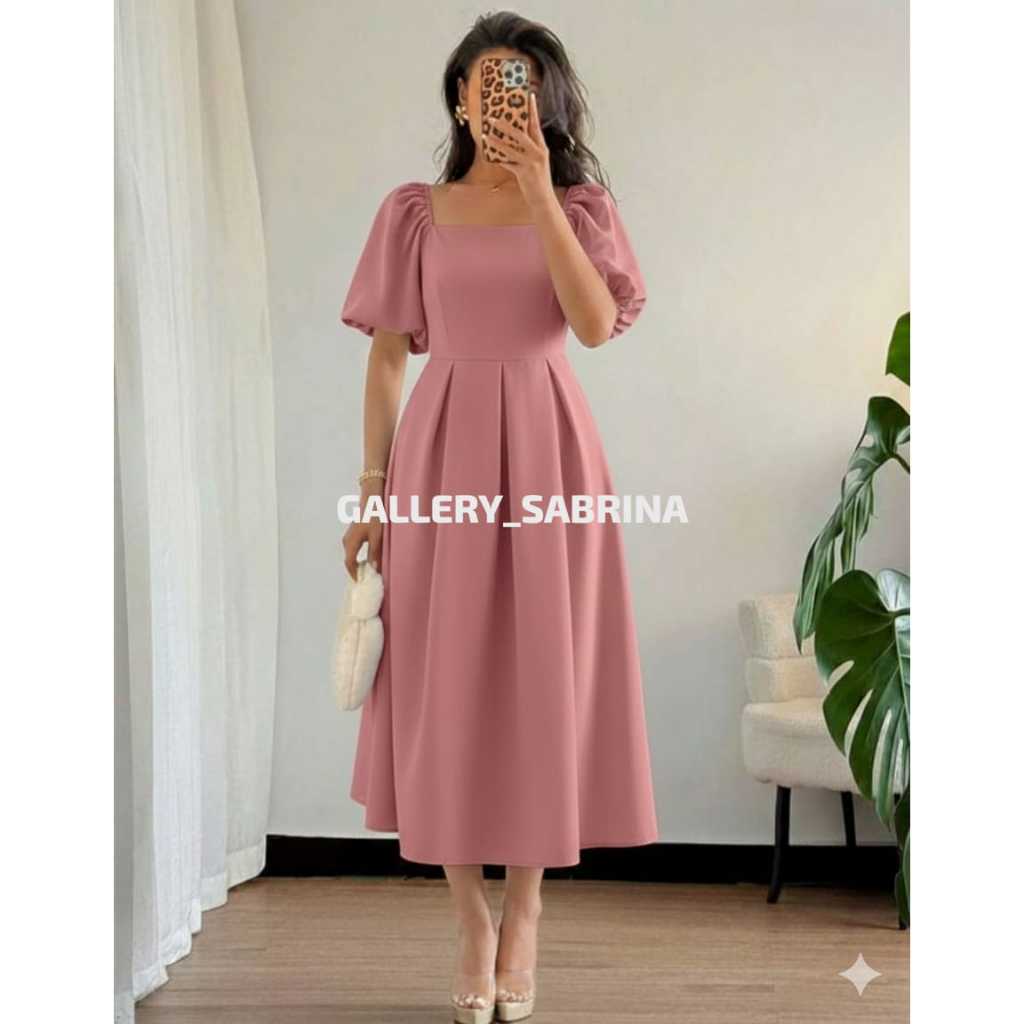 Mahira Dress Midi Lengan Balon // Bahan Crinkle // Dress Jumbo Terbaru