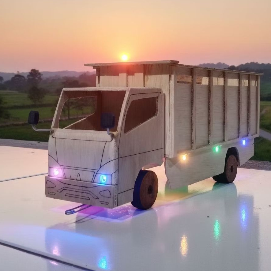 Mainan miniatur truk oleng canter kayu mentahan