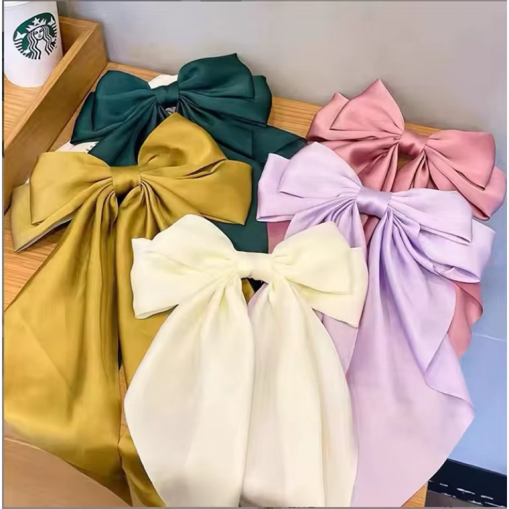 PITA9 Jepit Pita Satin Panjang Polos Elegan Jumbo Jepit Rambut Pita Besar Elegan Panjang Pita Rambut