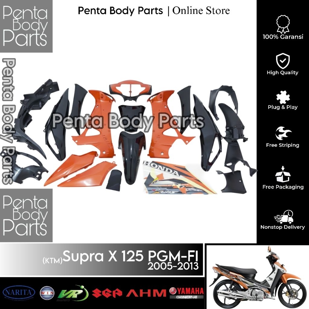 Full Set Cover Body Supra X 125 PGM-FI (KTM) Orange Putih Hitam - Ful Set Bodi Supra X 125 Lama Old 