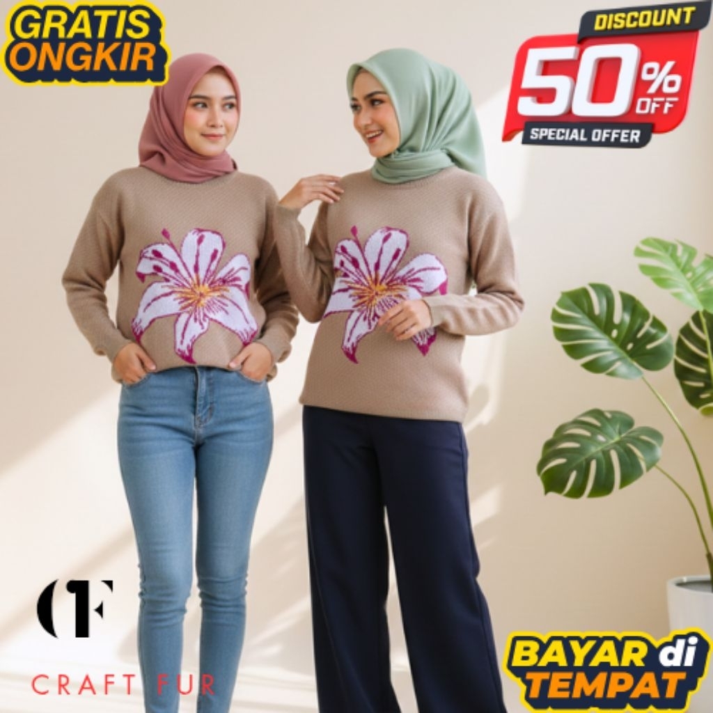 Atasan Rajut Wanita premium motif Bunga Lily, Outter Rajut Bunga Lily Oversize Korean style