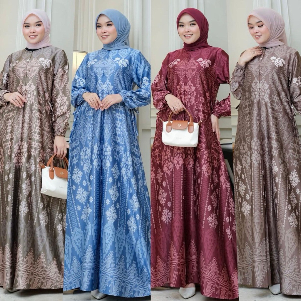 model baju Gamis armani  silk  Premium Motif Pesta Kondangan Muslim Wanita jumbo ld 130 seragaman