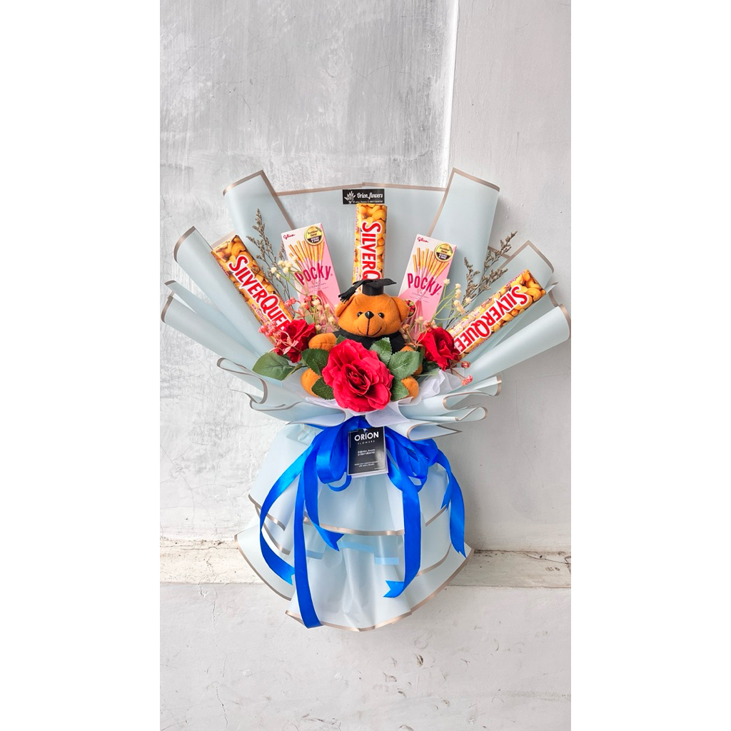 Orion flowers buket wisuda bunga wisuda coklat pocky Silverqueen boneka tiga