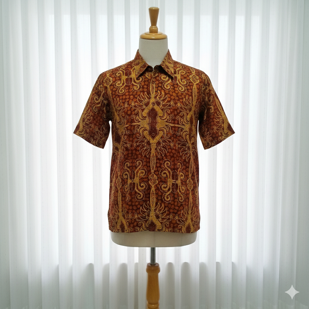 PRELOVED BAJU KEMEJA BATIK PRIA LENGAN PENDEK MOTIF - COKLAT